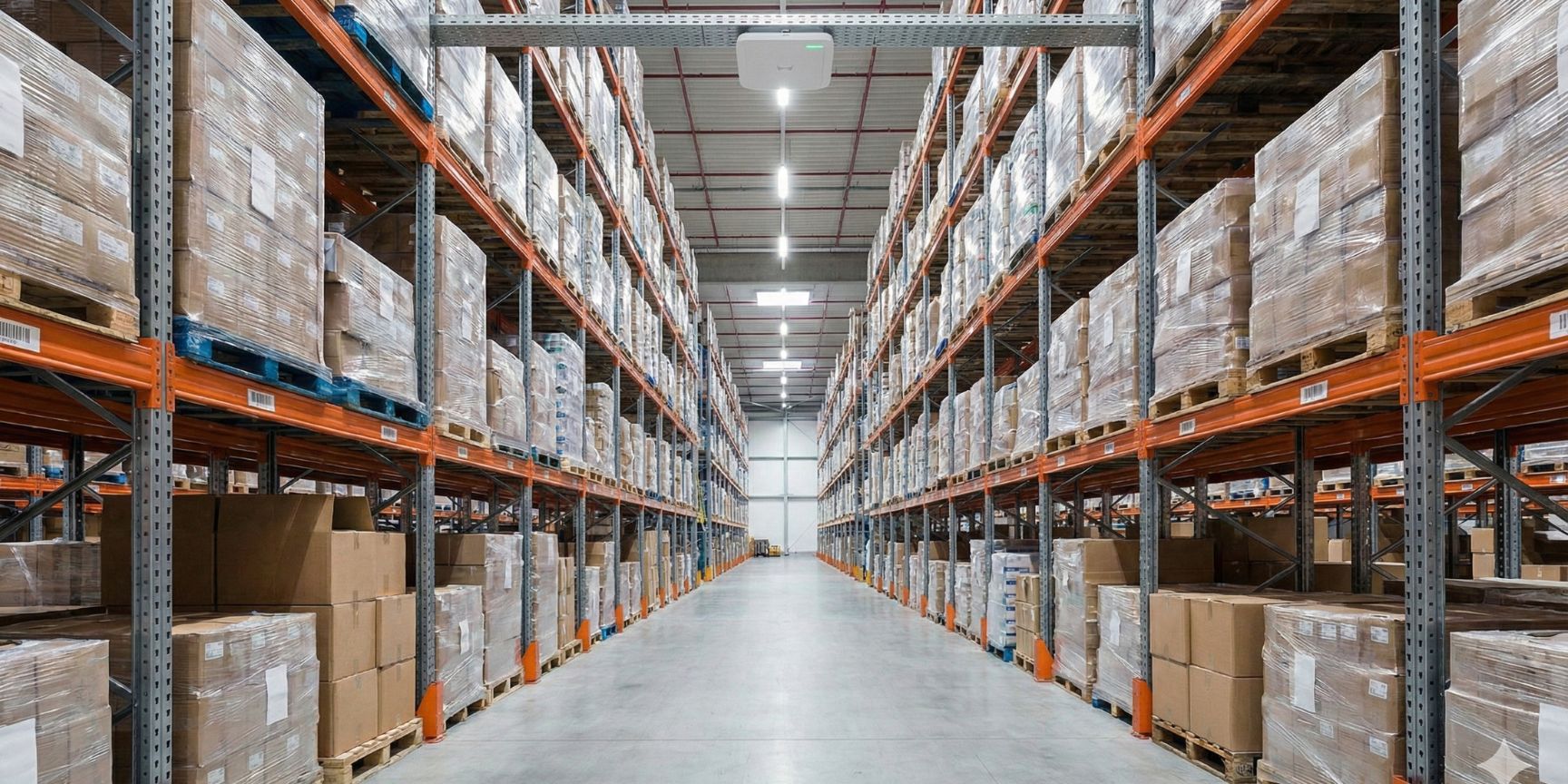 View into a long corridor of a fully stocked high-bay warehouse, on the ceiling of which a WLAN access point is installed to ensure radio coverage for mobile scanners
